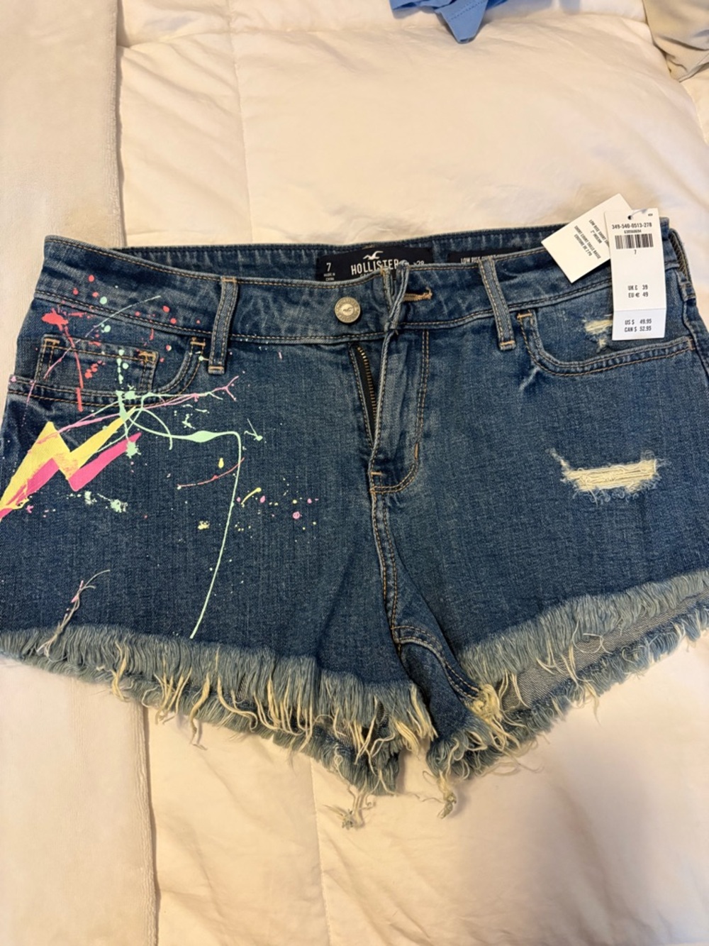 Hollister Dark Blue Denim Cutoff Shorts with Neon Paint Lightning - Picture 6 of 10
